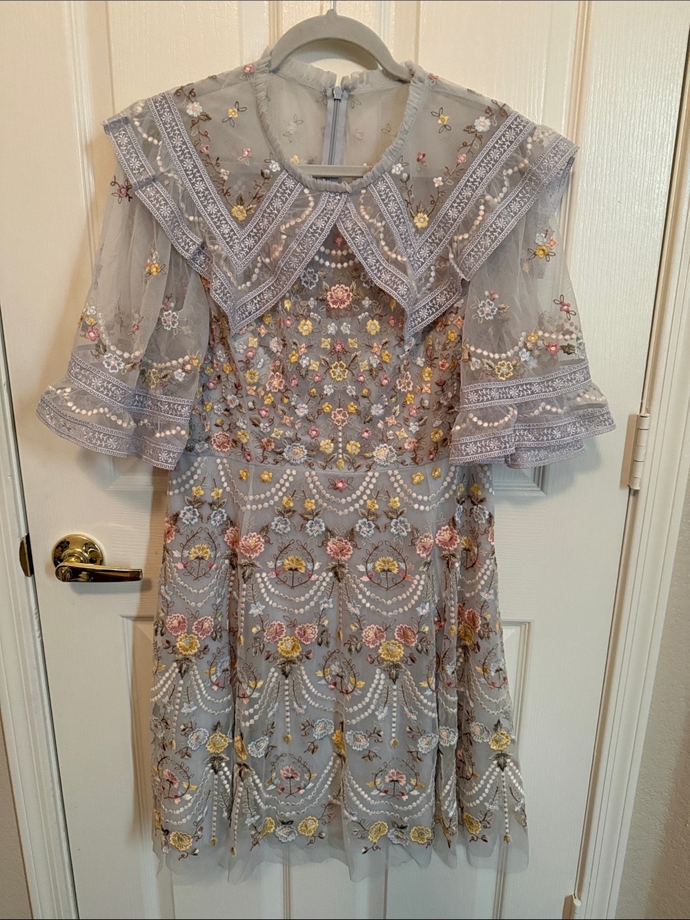 Needle & Thread Pale Gray Lavender Floral Embroidered Mini Dress
